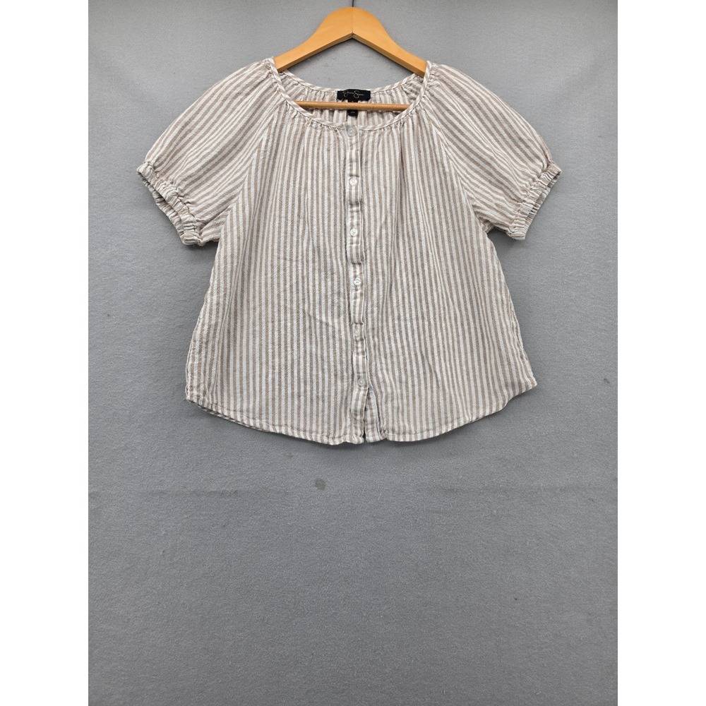 Jessica Simpson Striped Linen Blend Blouse Tan White Puff Sleeve Button Top S